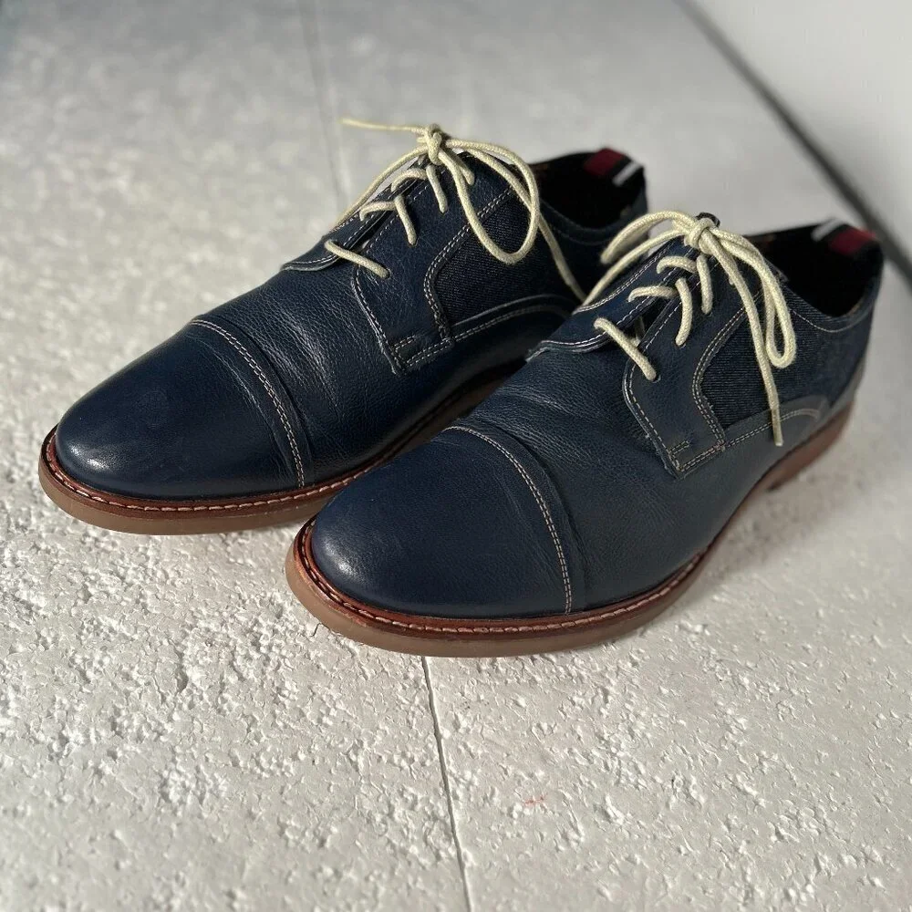 Ben Sherman SZ 8 Navy Leather & Denim Oxford Office Casual Preppy Old Money